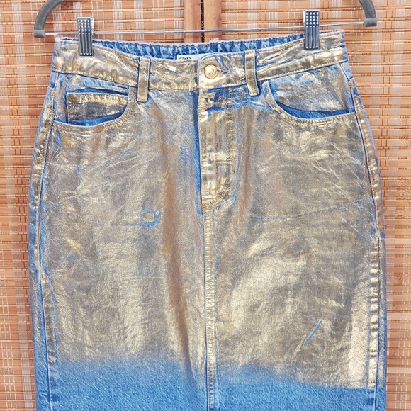 ☆ Zara Z1975 High Rise Gold Metallic Denim Midi Skirt Size Small - Picture 2 of 10
